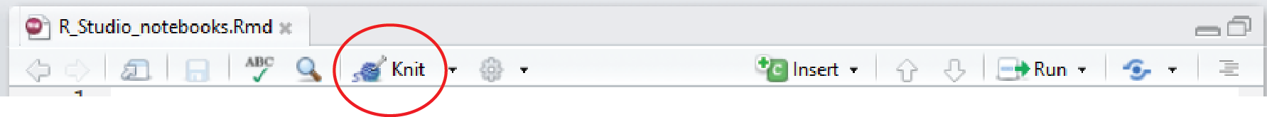 The RStudio notebook toolbar with the Knit button circled