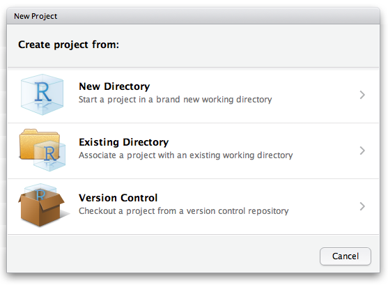 RStudio's New Project dialog, offering to create a project from a New Directory, an Existing Directory or Version Control