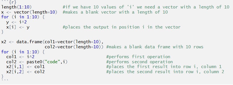 R code showing two for loops: one filling a vector with squared values, and one filling the two columns of a data frame