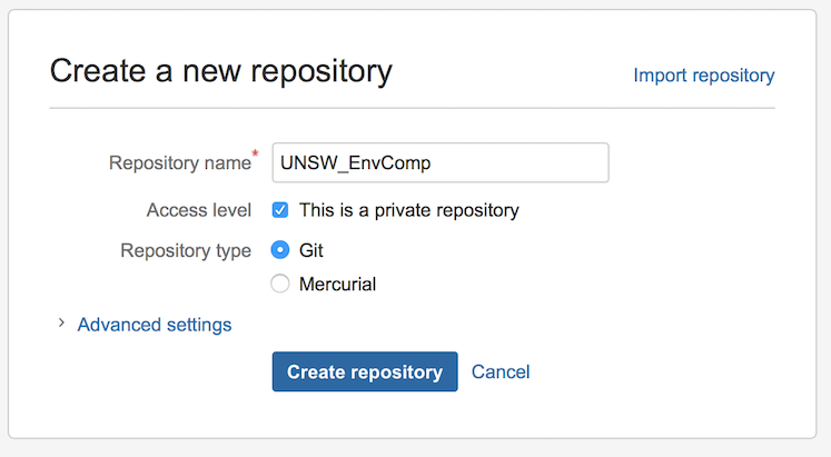 Bitbucket's Create a new repository form, with the repository name UNSW_EnvComp, private access ticked and Git selected as the repository type