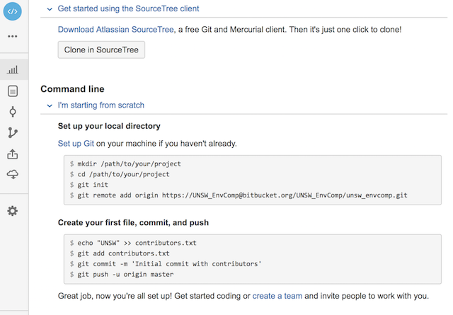 Bitbucket's setup page, with a button to clone the repository in SourceTree and the command-line steps to set up a local directory and make a first commit and push