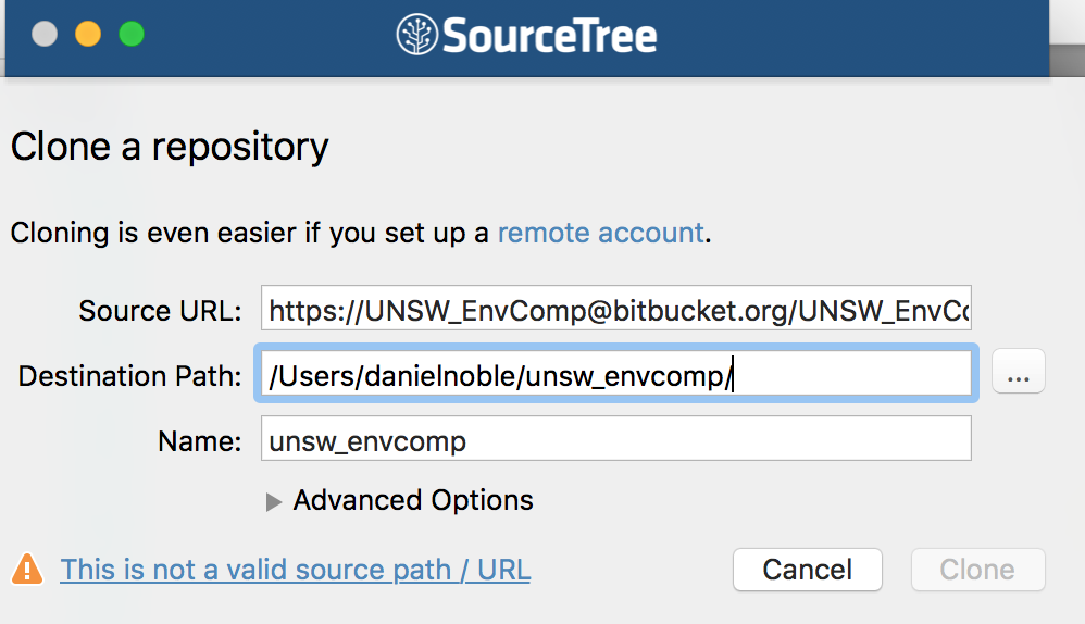 SourceTree's Clone a repository dialog, with fields for the source URL on Bitbucket, the destination path on the computer and the repository name