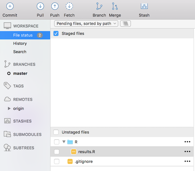 SourceTree's file status view, with an empty Staged files area and the unstaged files R/results.R and .gitignore below it