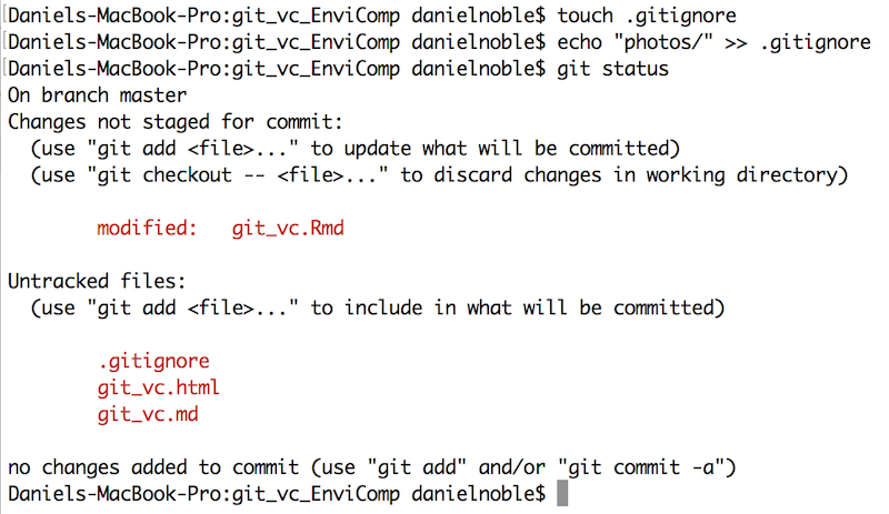 A Terminal session creating a .gitignore file with touch, adding photos/ to it with echo, then running git status, which lists .gitignore as untracked