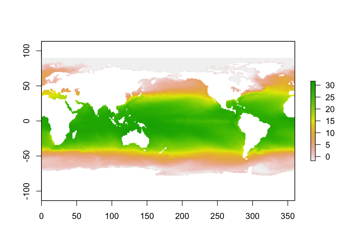 World map of sea surface temperature for February 2013, from near 0 degrees C (pink and white) at the poles to about 30 degrees C (green) in the tropics, with land left blank