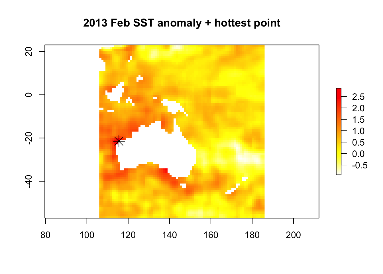 Map of the February 2013 sea surface temperature anomaly around Australia, coloured from pale yellow (cooler than average) to red (warmer), with a star marking the hottest point off the coast of Western Australia