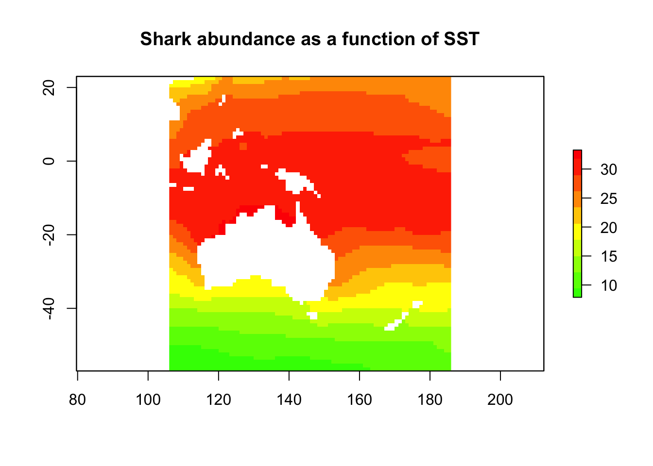 Map of predicted shark abundance around Australia from a model of sea surface temperature, highest (red) in the warm tropical waters to the north and lowest (green) in the cold waters to the south