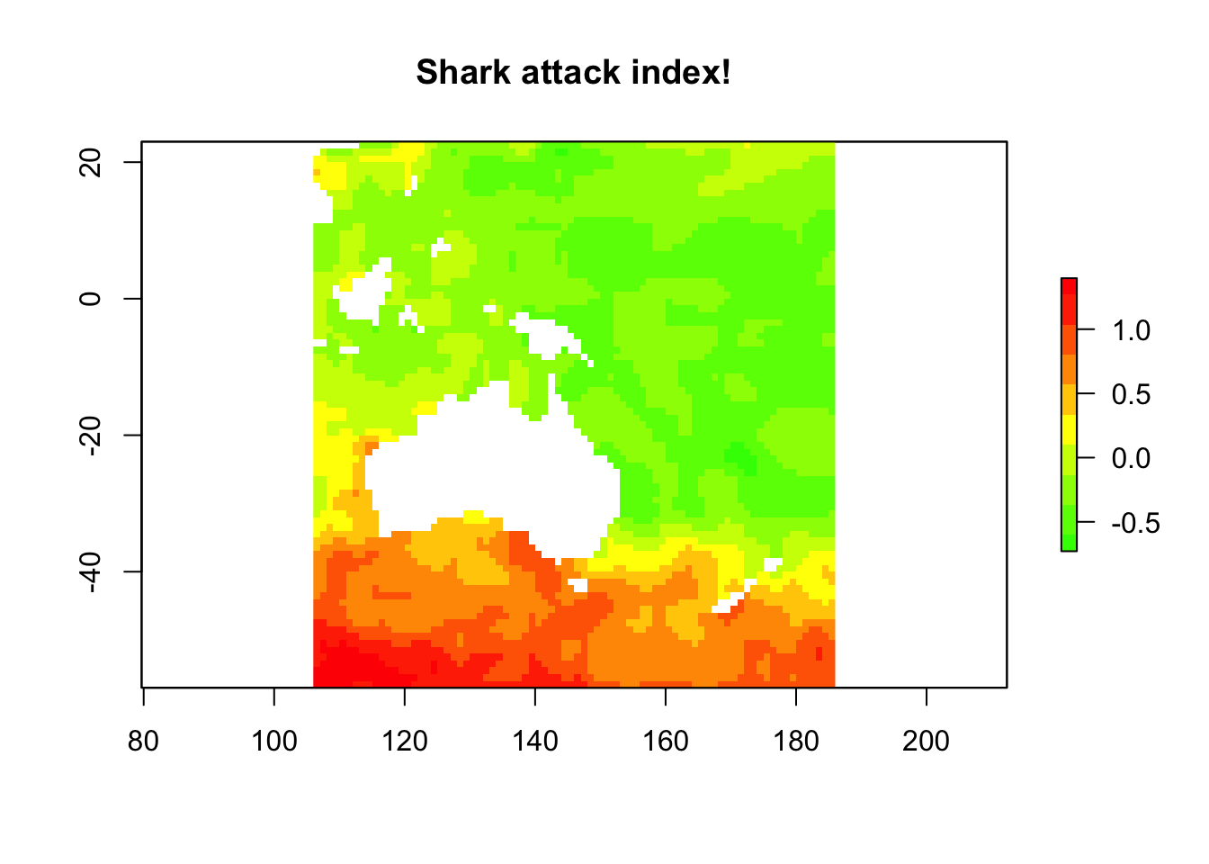Map of a made-up shark attack index around Australia, highest (red) in the southern waters and lowest (green) to the north and east