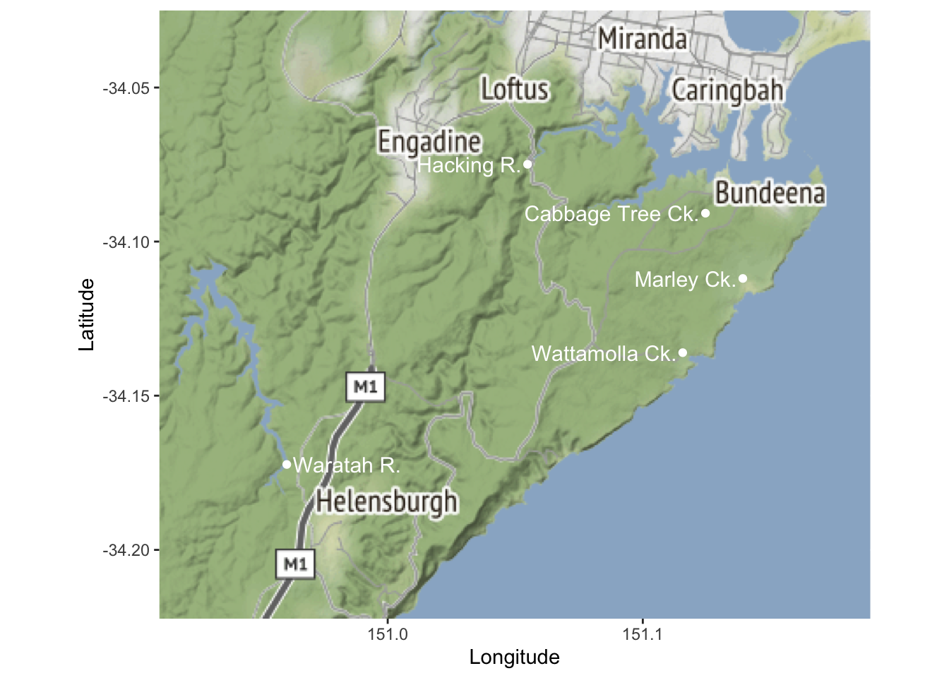 Terrain map of the Royal National Park area with the five sites marked as white points and labelled Hacking R., Cabbage Tree Ck., Marley Ck., Wattamolla Ck. and Waratah R., with axes labelled Longitude and Latitude