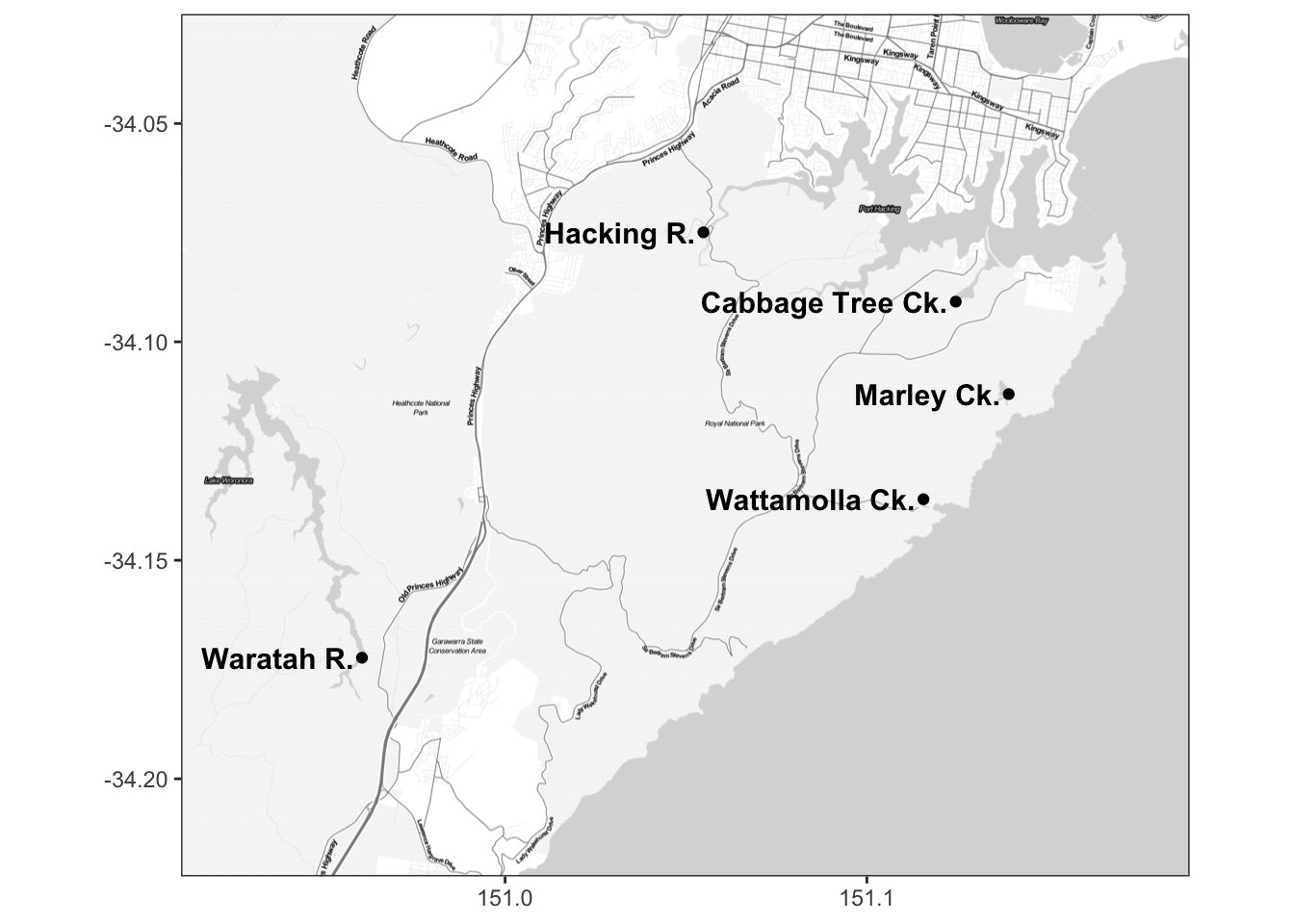 Black and white road map of the same area with the five sites marked as black points and labelled in bold text