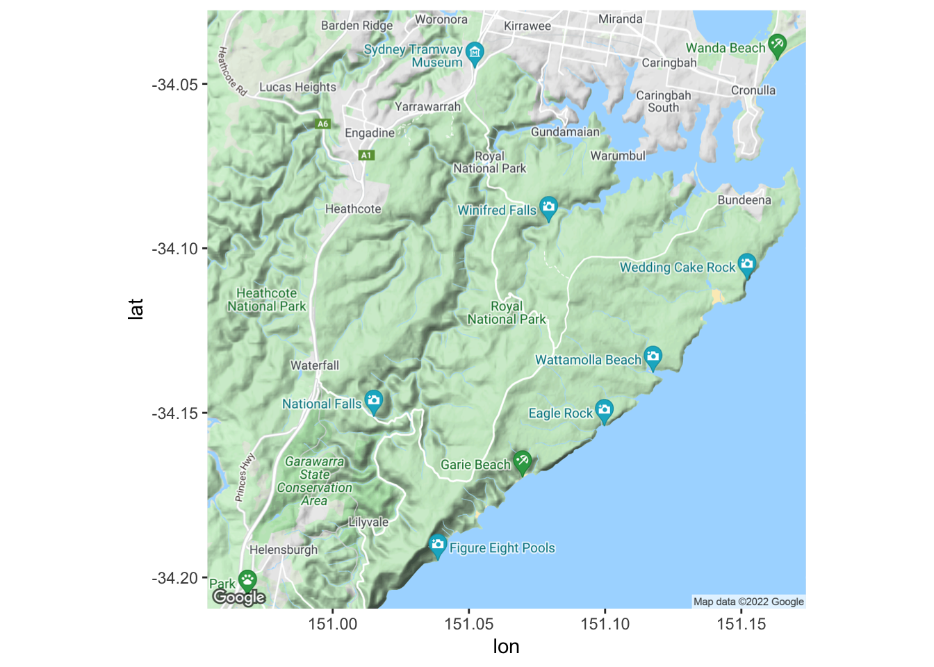 Google terrain map of Royal National Park, south of Sydney, showing forested hills, the coastline and nearby suburbs, with latitude and longitude axes