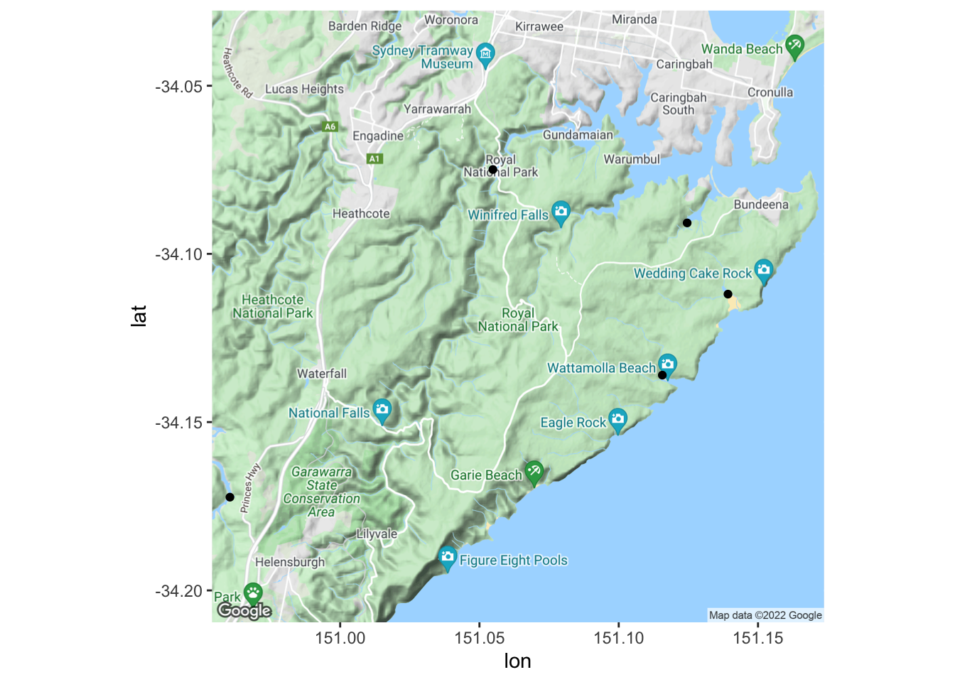 The same Google map with five black points marking the sampling sites